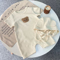 New In Summer Kids Baby Girls Boys Short Sleeve Waffle Patch Bear Infant Newborn Jumpsuits Cotton Romper Gift Hat with Ear