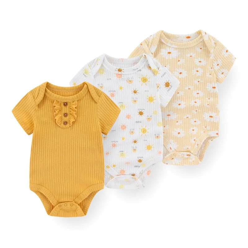 Unisex Cotton Newborn Baby Boy Clothes 3Pieces Summer 0-12M Cartoon Baby Girl Clothes Print Bodysuits Short Sleeve Bebes