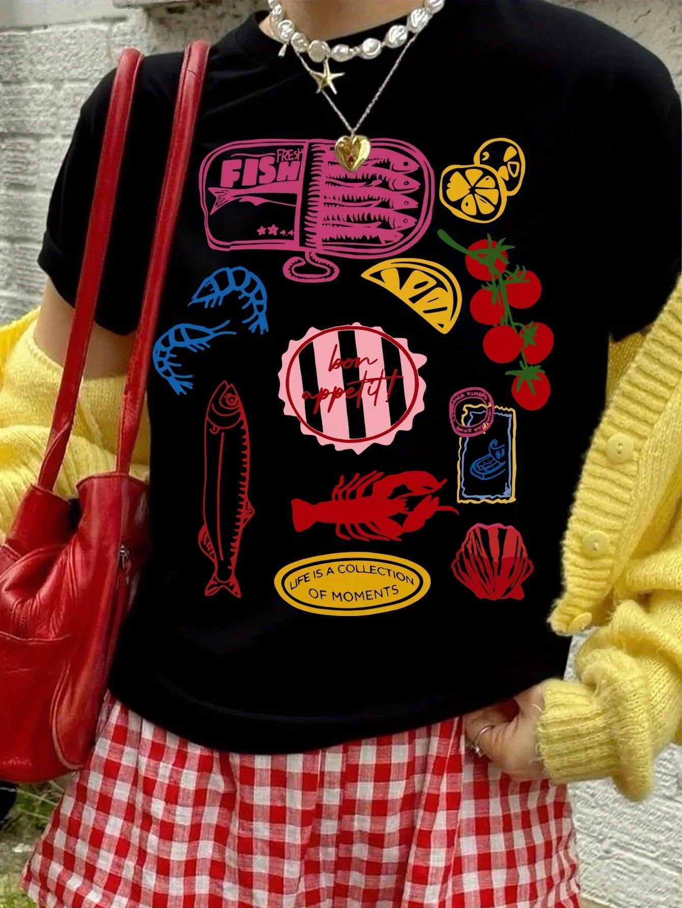 Plus Size Women Graphic Top Seafood Fruit Pattern Print Tshirt Cotton Loose Casual Short Sleeved T-shirt Vintage Female Clothing