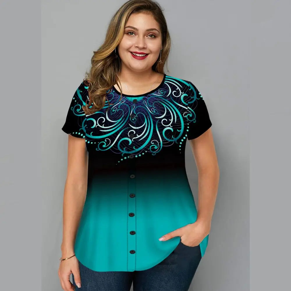 Large Size Loose Fit Women's T-shirt Summer New Short Sleeve Crewneck Tshirt Flower 3d Print Top Plus Size Ladies Clothing