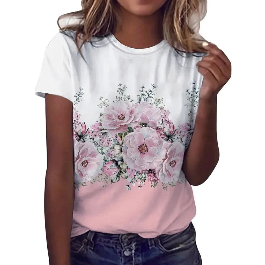 Women's T Shirt Flower Graphic Print Casual Short Sleeve Female Crew Neck T-Shirts Summer  Street Fashion Tops Outdoor Clothes