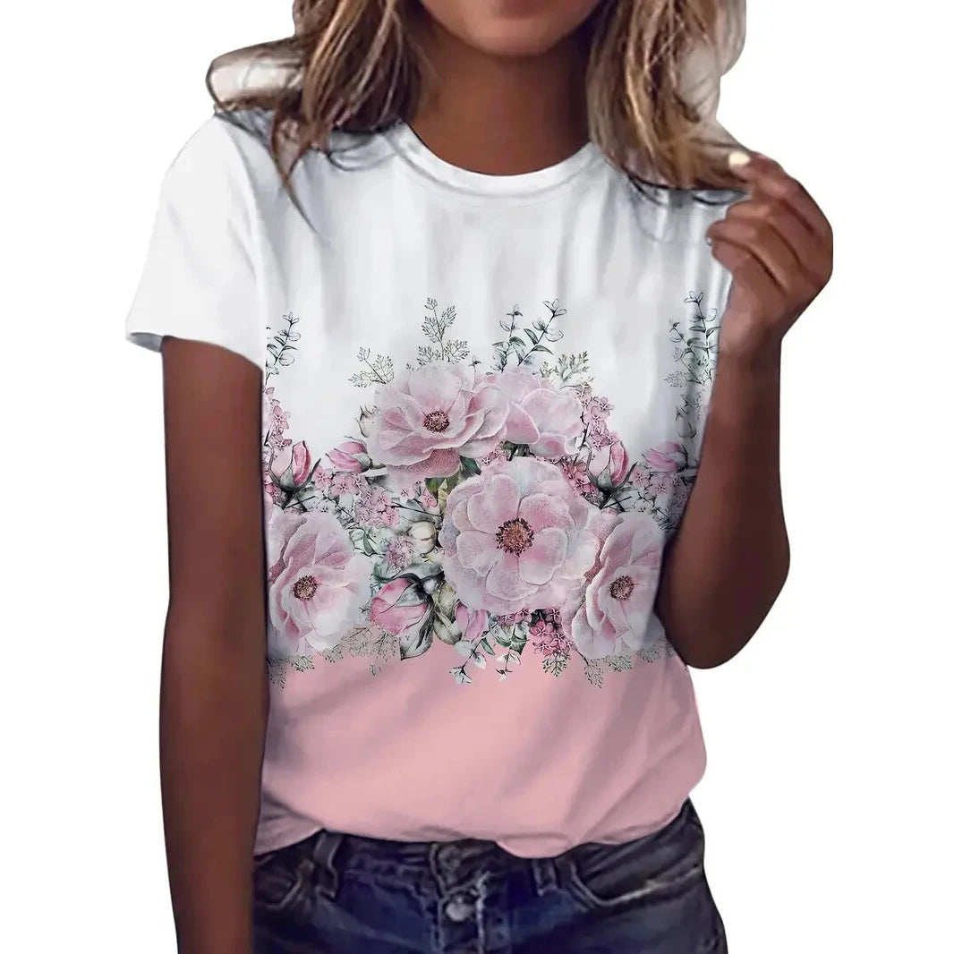 Women's T Shirt Flower Graphic Print Casual Short Sleeve Female Crew Neck T-Shirts Summer  Street Fashion Tops Outdoor Clothes