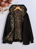 Large size autumn new leopard print casual solid color jacket for women, long sleeved zipper jacket