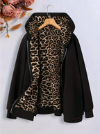 Large size autumn new leopard print casual solid color jacket for women, long sleeved zipper jacket