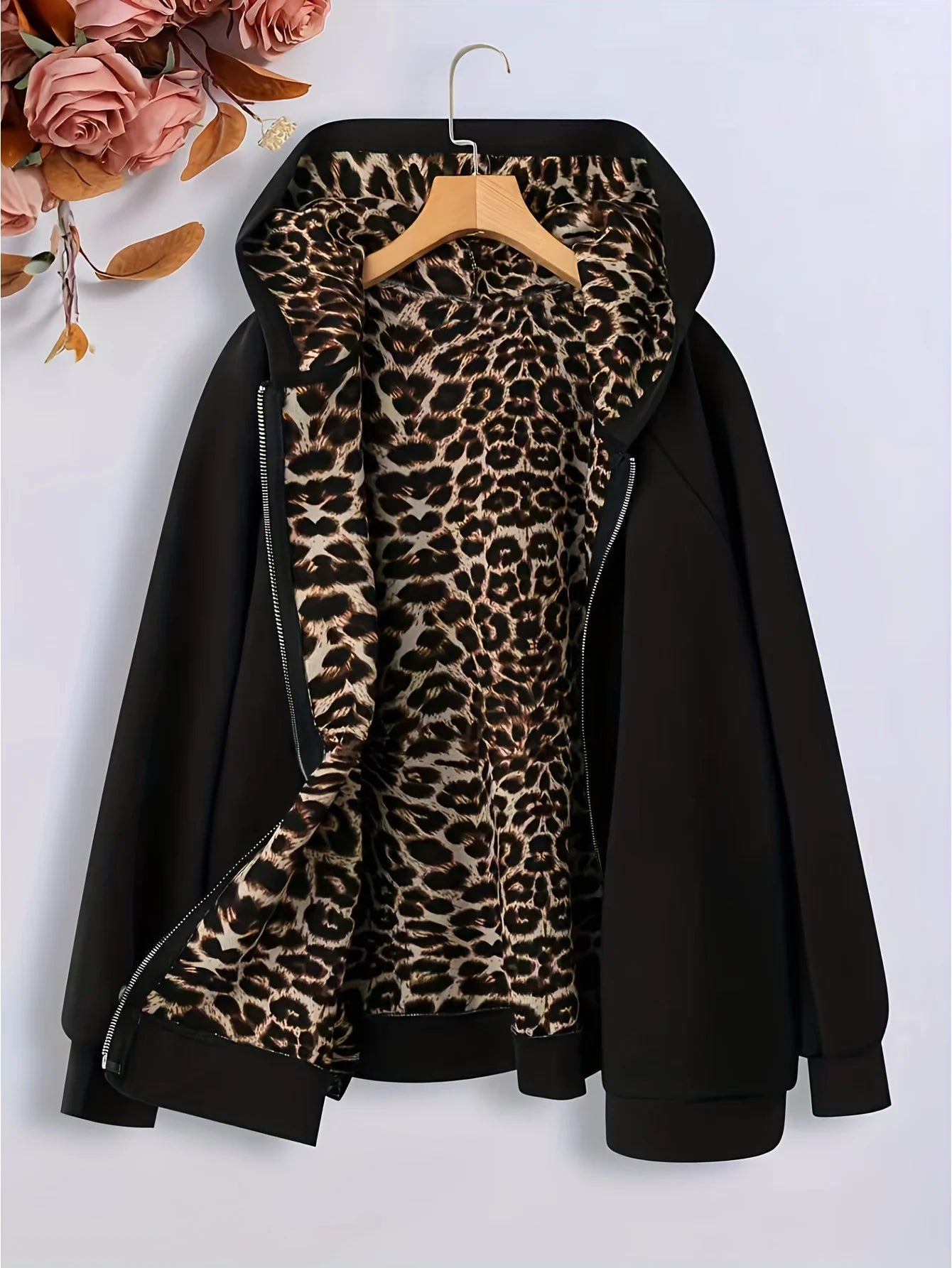 Large size autumn new leopard print casual solid color jacket for women, long sleeved zipper jacket