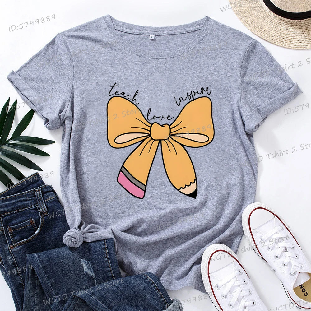 Women's Inspirational Teacher Graphic T Shirt Pencil Bow Design Short Sleeve Tee Gifts for Teacher's Day Crew Neck Classic Tops