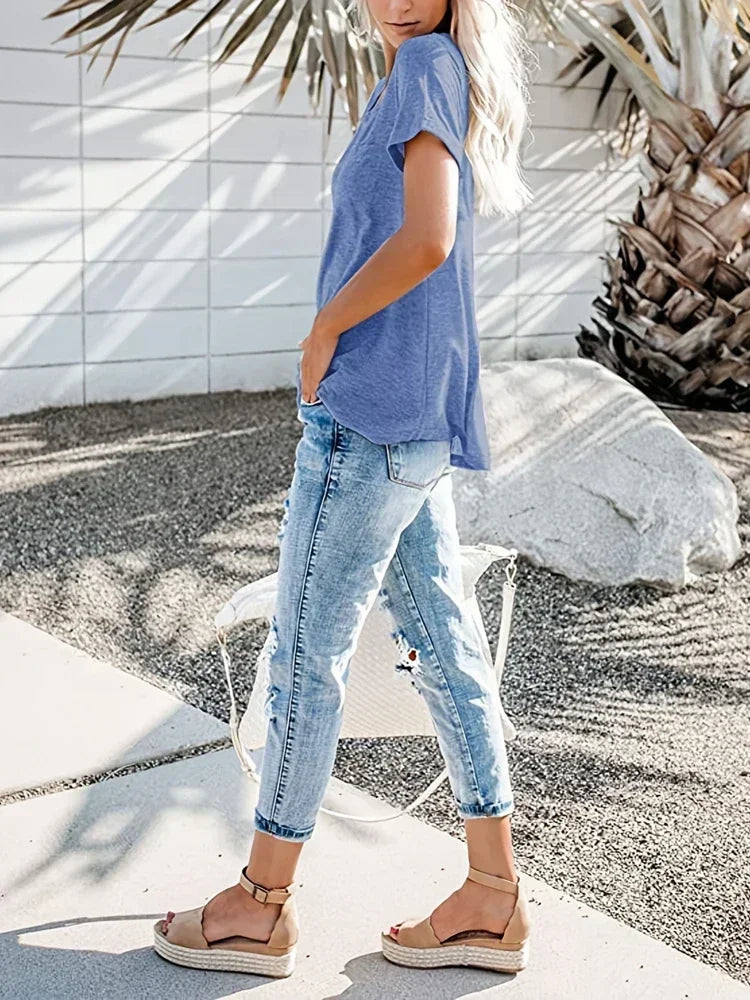 Plus Size 1XL-8XL Women's Loose Tops Ladies Casual V-neck Short Sleeve Pocket T-shirt Spring and Summer New Style