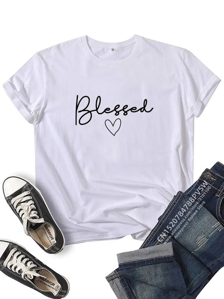 Blessed Heart Printing T-shirts Women Summer Clothes T Shirt Harajuku Graphic Tee Casual Short Sleeve Tops for Girl
