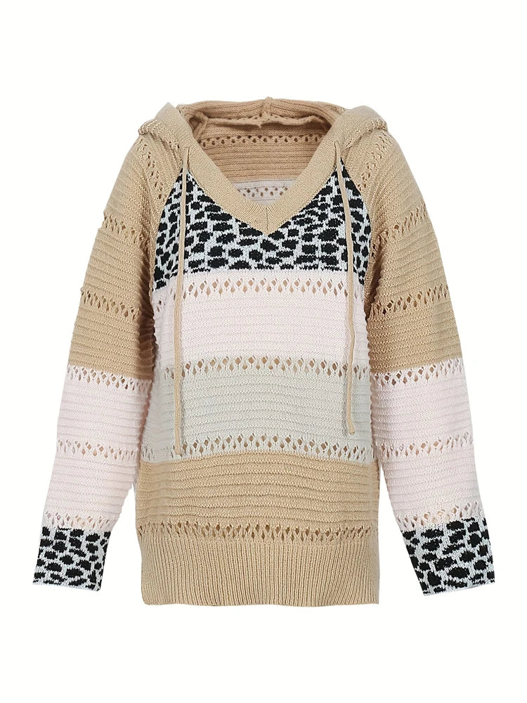Plus Size Women's Autumn and Winter Pop Hooded Leopard Print Colour Block Sweater Casual Style Acrylic Material