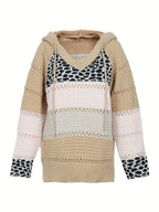 Plus Size Women's Autumn and Winter Pop Hooded Leopard Print Colour Block Sweater Casual Style Acrylic Material