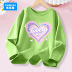 Kawaii Lovely Heart T-shirt for Girls - Cute Pink Purple Heart Print Long Sleeve Top, Kids Casual Cotton Basic Shirt