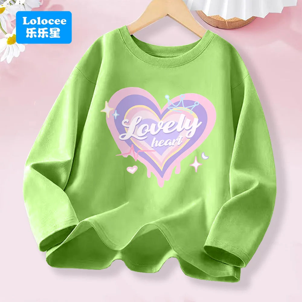 Kawaii Lovely Heart T-shirt for Girls - Cute Pink Purple Heart Print Long Sleeve Top, Kids Casual Cotton Basic Shirt