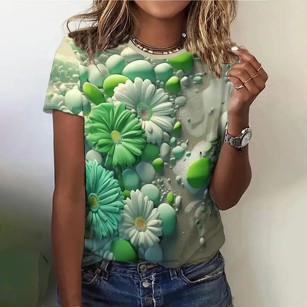 Women's T Shirt Flower Graphic Print Casual Short Sleeve Female Crew Neck T-Shirts Summer  Street Fashion Tops Outdoor Clothes