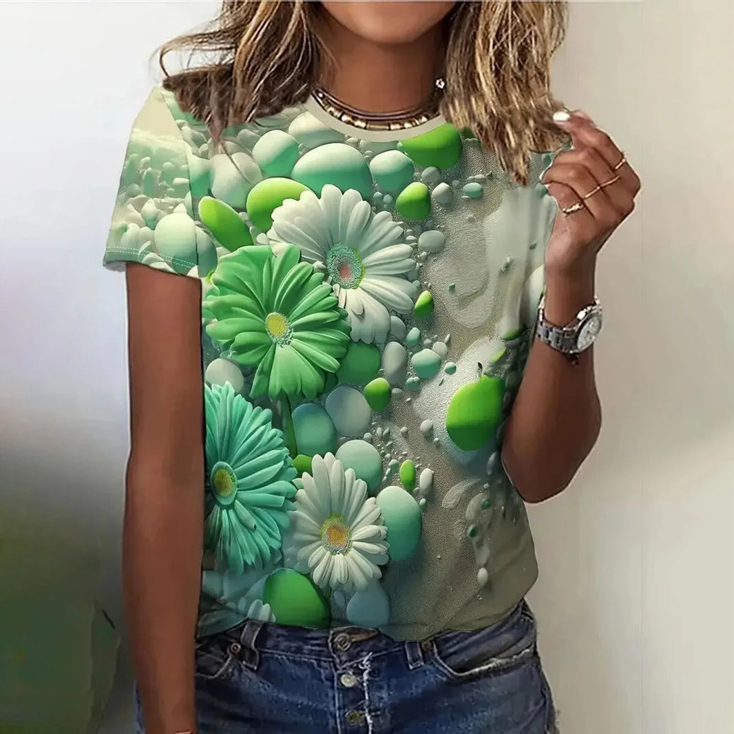 Women's T Shirt Flower Graphic Print Casual Short Sleeve Female Crew Neck T-Shirts Summer  Street Fashion Tops Outdoor Clothes