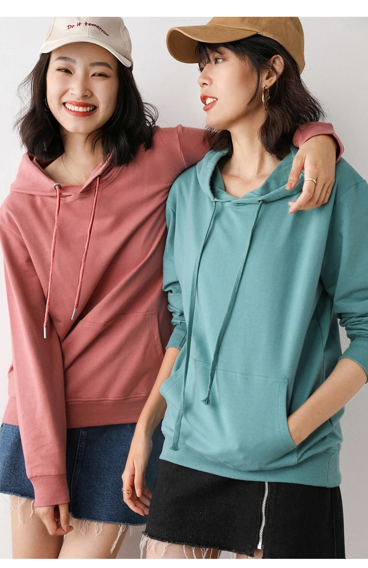 Women Hoodies 100% Cotton Spring Autumn Loose Long Sleeve Pullovers Solid Casual Ladies Outerwear Hooded Hoodie Womens Clothing