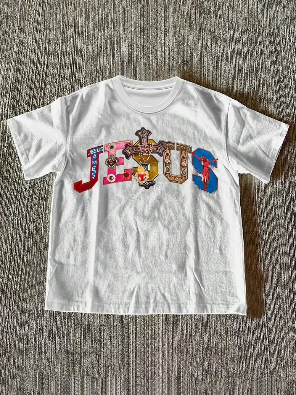 Religious Faith Multicolor Cross & Jesus Text Graphic Printed Short Sleeved Round Neck Y2k Tshirt Men Clothing in Top & Tees