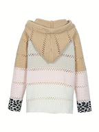 Plus Size Women's Autumn and Winter Pop Hooded Leopard Print Colour Block Sweater Casual Style Acrylic Material