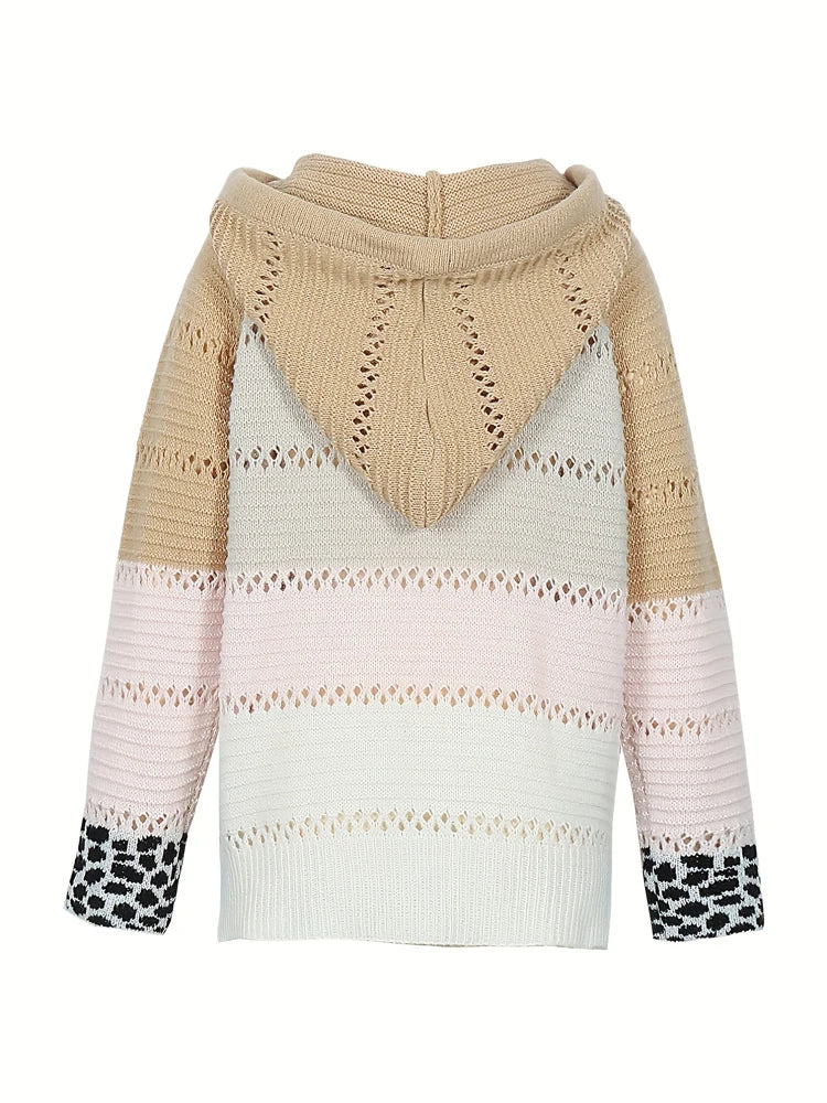 Plus Size Women's Autumn and Winter Pop Hooded Leopard Print Colour Block Sweater Casual Style Acrylic Material
