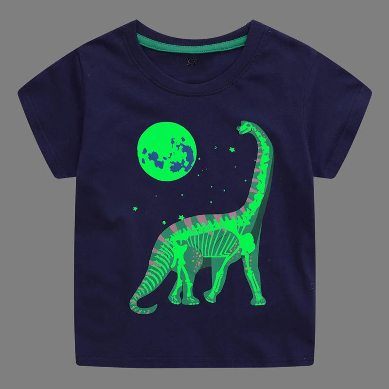 Little maven 2026 New Fashion Boys T-shirt Summer Luminous Dinosaur Animal Cotton Causal Clothes Lovely Tops for Kids 2-7 year