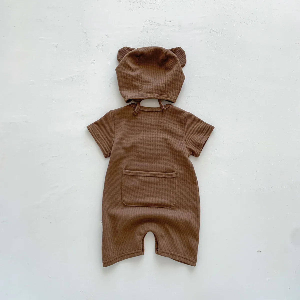 New In Summer Kids Baby Girls Boys Short Sleeve Waffle Patch Bear Infant Newborn Jumpsuits Cotton Romper Gift Hat with Ear