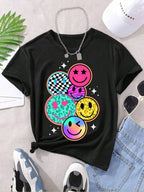 Cartoon Smiley Face Print Short-sleeved Women T-shirt Casual Versatile Style Suitable for  Outings and Daily Wear Women Clothing