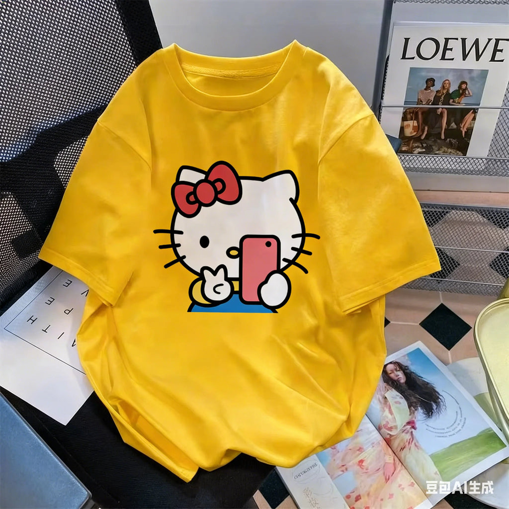 Plus Size Cute Hellokitty Design Printed T-shirts Summer Fashion High Quality Short Sleeved Casual Sports Loose Pullover Tops