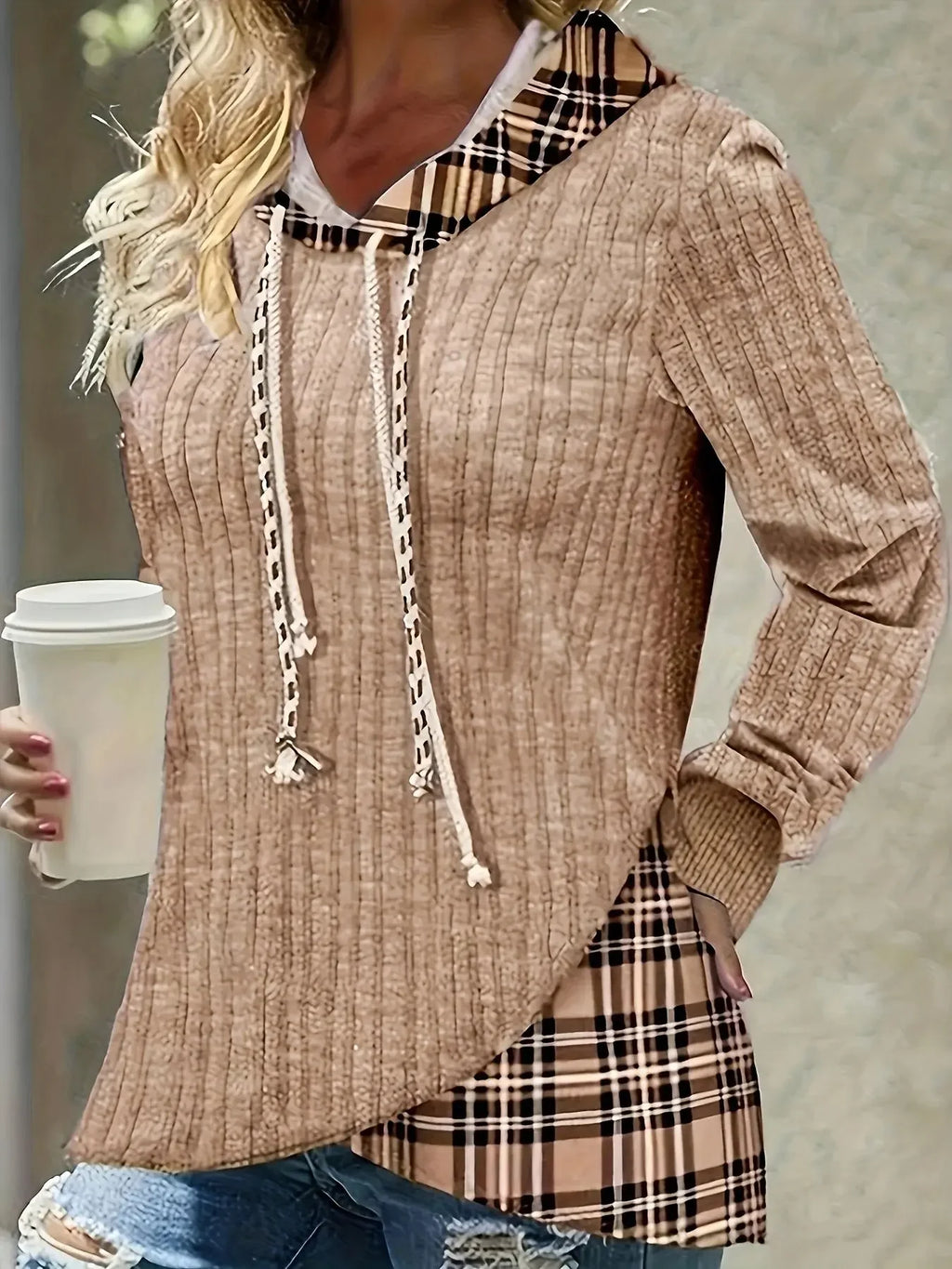 Plus Size 1XL-5XL Women Casual Hoodie Sweatshirt Pullover Long Sleeve Drawstring HoodieWomen's Colorblock Plaid Print