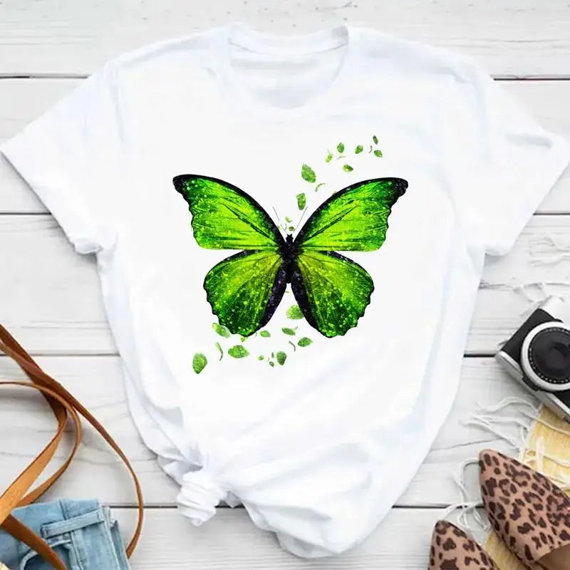 Fashion Women Men T Shirt Colorful Butterfly Petal Graphic Print T Shirt Casual Crew Neck Short Sleeve Plus Size T Shirt Unisex
