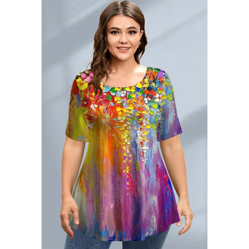 Large Size Loose Fit Women's T-shirt Summer New Short Sleeve Crewneck Tshirt Flower 3d Print Top Plus Size Ladies Clothing