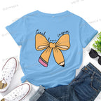 Women's Inspirational Teacher Graphic T Shirt Pencil Bow Design Short Sleeve Tee Gifts for Teacher's Day Crew Neck Classic Tops
