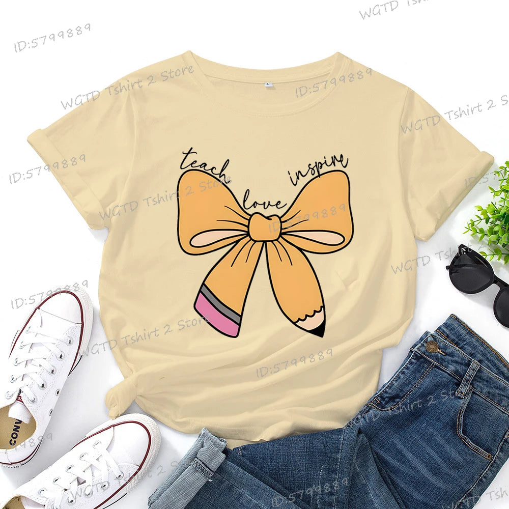 Women's Inspirational Teacher Graphic T Shirt Pencil Bow Design Short Sleeve Tee Gifts for Teacher's Day Crew Neck Classic Tops