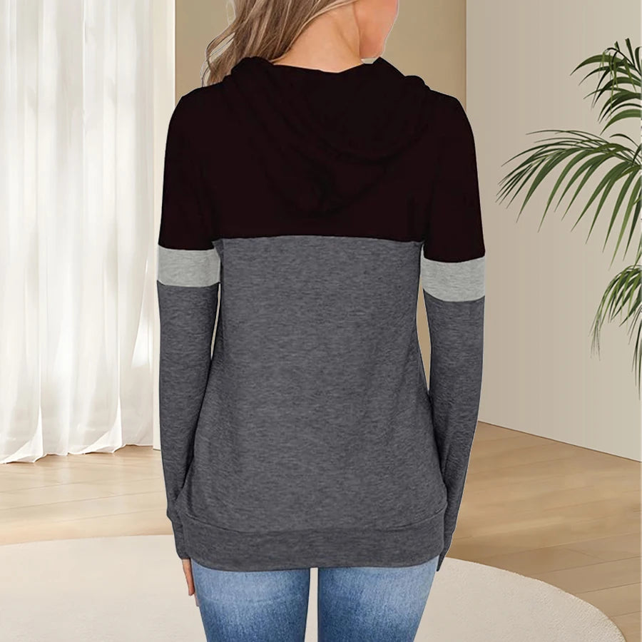 1pc Women'S Plus Size Color Block Hoodie, 95% Polyester 5% Spandex, Geometric Pattern, Slight Stretch, Knit Fabric, Hooded Pullo