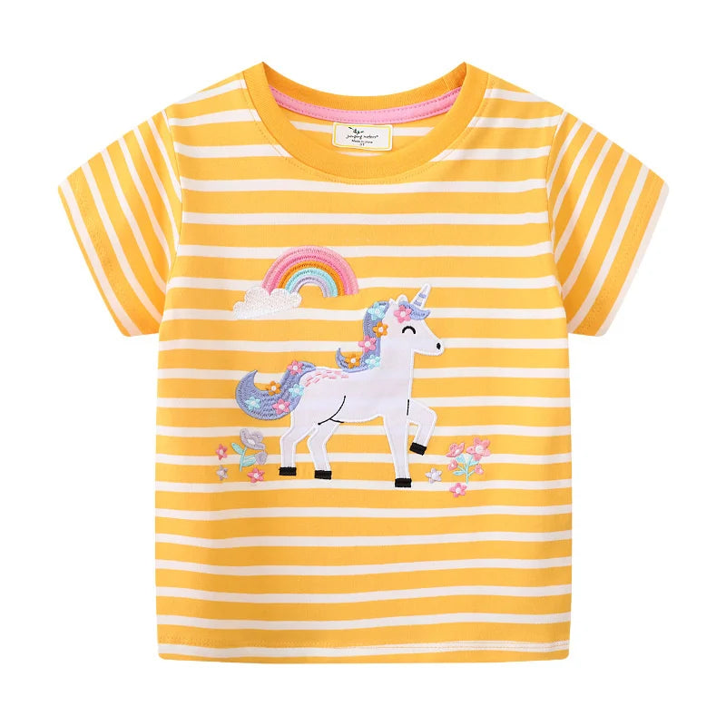 Jumping Meters 2-7T Striped Unicorn Cotton Girls T Shirts Summer Children's Clothes Short Sleeve Kids Tees Tops Baby Costume