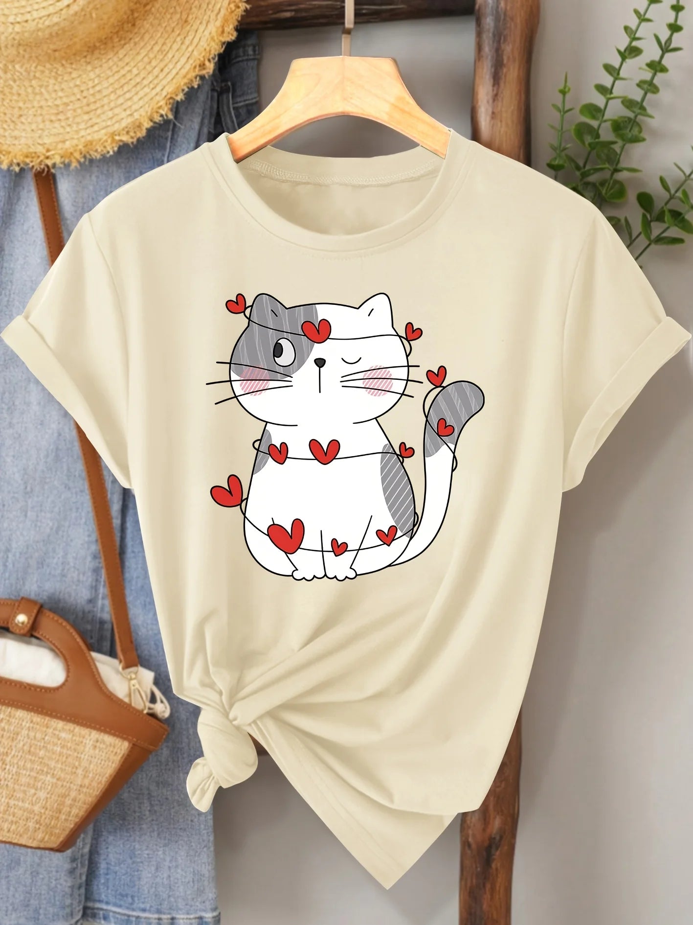 Heart Cat Women's Tee - Cute Graphic, Casual Beige Top