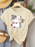 Heart Cat Women's Tee - Cute Graphic, Casual Beige Top