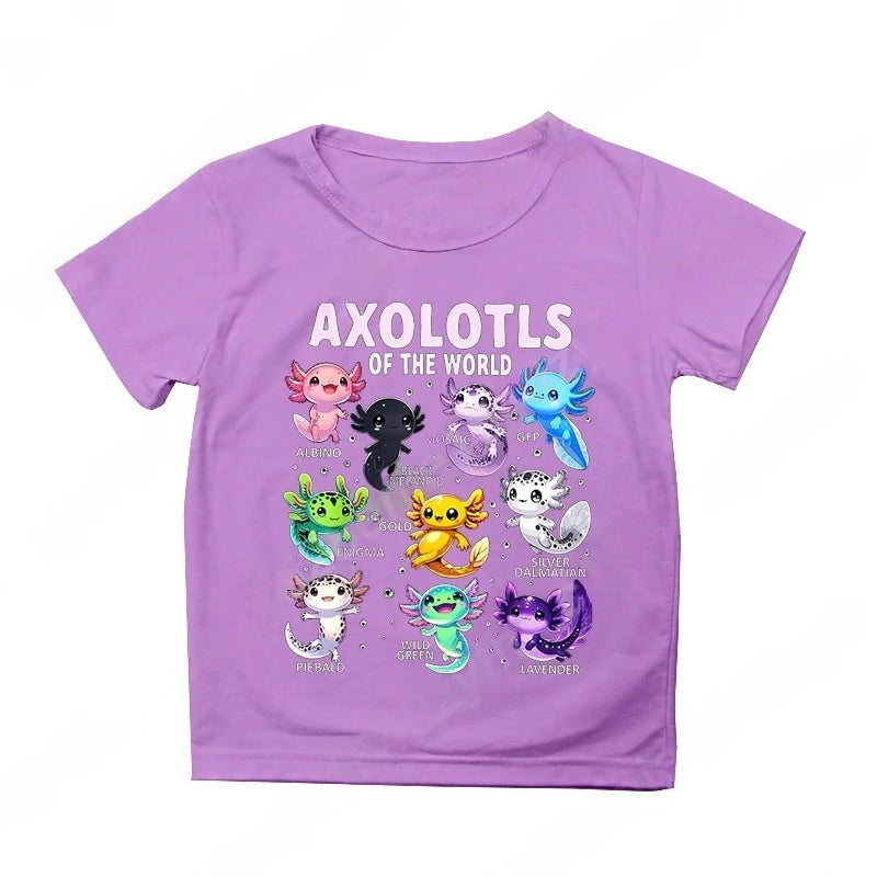 Colorful Cartoon Axolotls Graphic 3D Print T-Shirt Summer Casual Comfy Girls Clothes 2-10Y Short Sleeve T-Shirt for Children Top