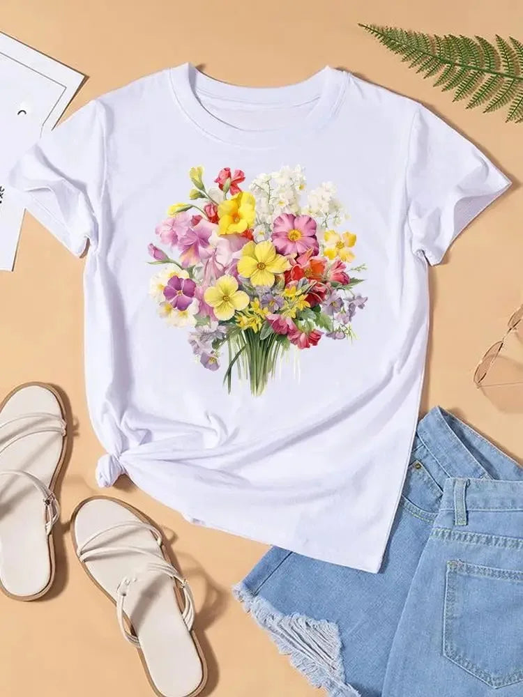 Graphic T-shirt Women Top Lady Female Shirt Tee Flower Carto Women Clothes Aesthetic Clothes Tops
