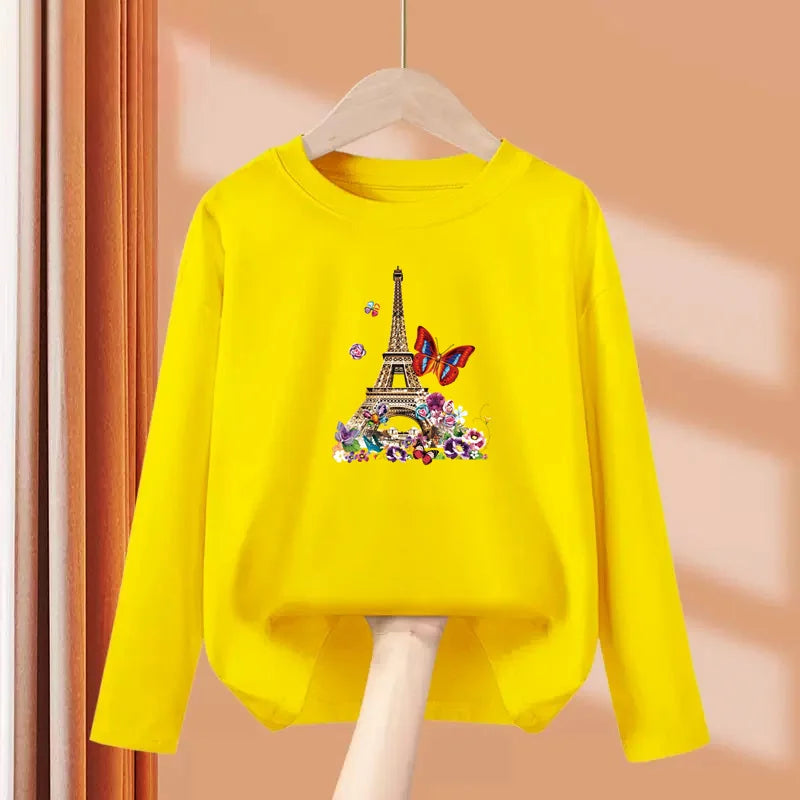 Girls New Autumn Clothes Paris Eiffel Tower T-shirt Long sleeved Cotton Tops Little Girl Butterfly Party Tees