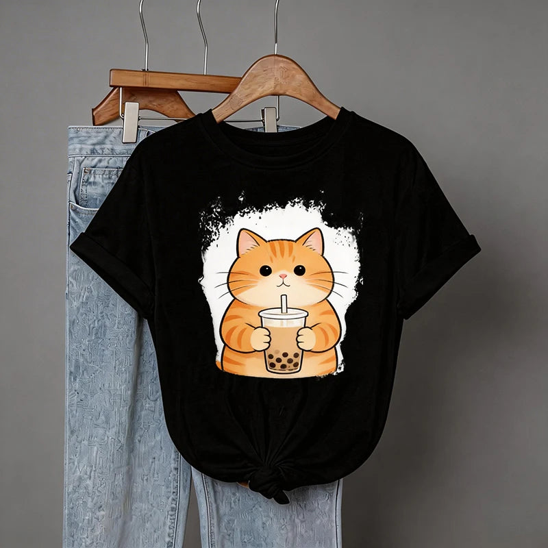 Women's Funny T Shirt with Yellow Cat and Tea Print Casual Graphic Tshirt Fashion Crew Neck Short Sleeve T-Shirt Tops Clothes