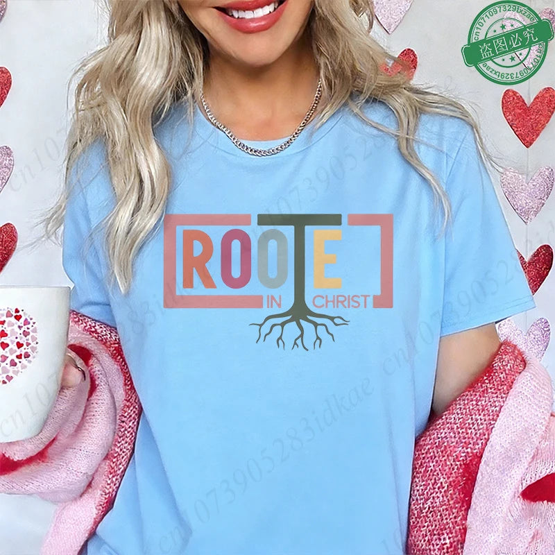 Rooted in Christ T-Shirt Women Vintage Tree Faith Root Graphic Tops Casual Christian Religious Short Sleeve Tee Female Clothing