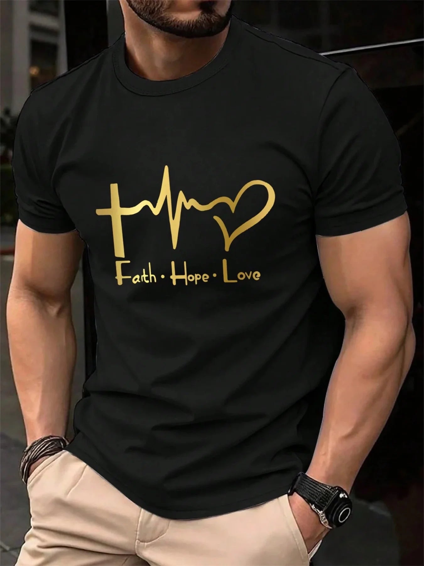 Men's Summer 100% Cotton Fashionable Casual Loose Large Size FAITH HOPE LOVE Printed Sports Round Neck Short Sleeve T-shirt Top