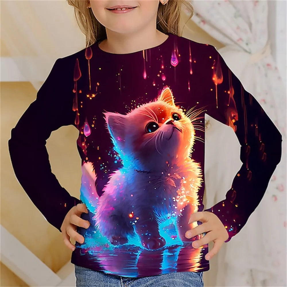 Girls Clothes for Kid Long Sleeve T-Shirt Children from 9 to 12 Years Cute Cartoon Cat Animal Printed Polyester Autumn Tee Shirt