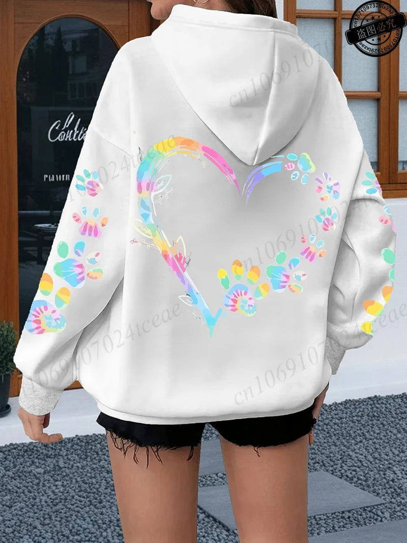 Heart Dog Paw Printed Hoodies Women Casual Fashion All Match Hoody Fleece Warm New Pullovers Harajuku Trend Hooded Sweatshirts