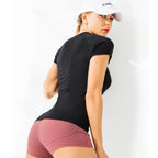 Women Yoga Shirts Sports T Shirt Summer Short Sleeve Round Neck Breathable Stretchy GYM Yoga Slim Fitness Active Top Tee