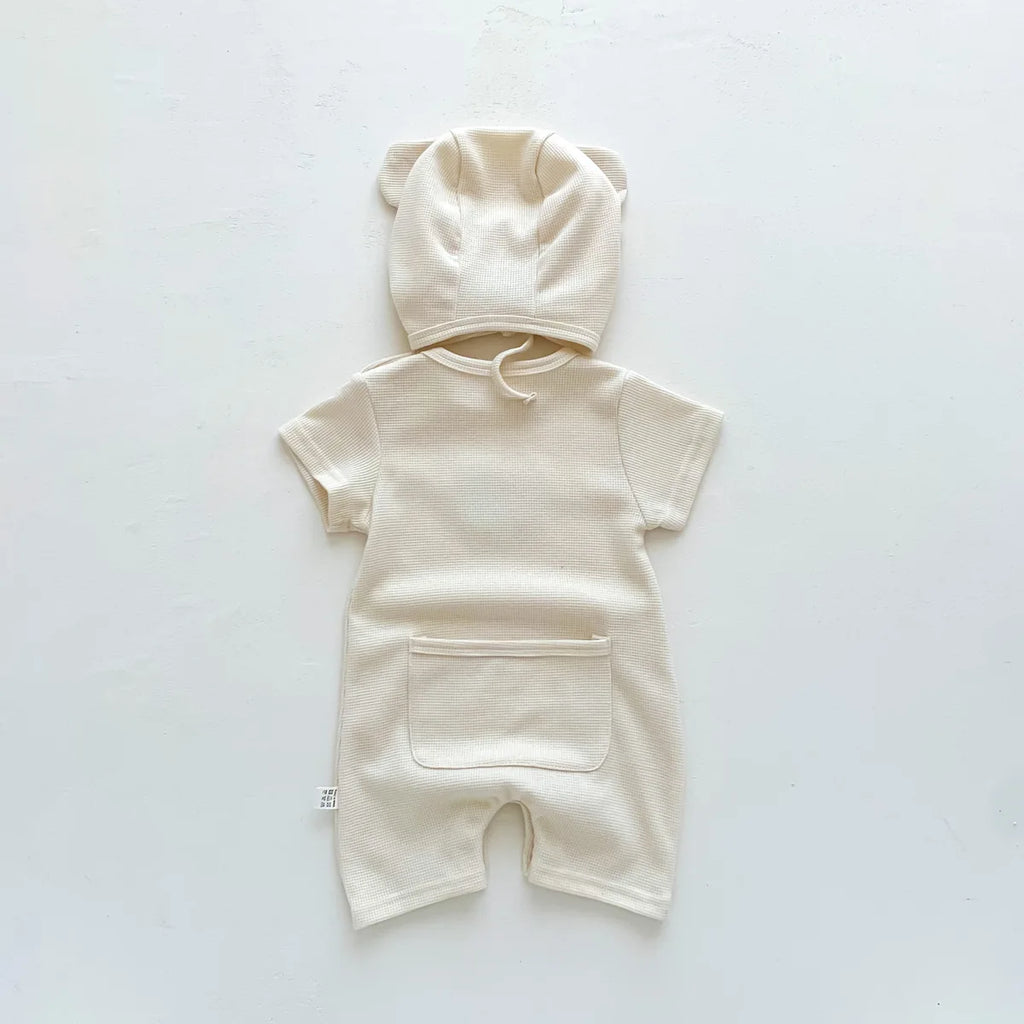 New In Summer Kids Baby Girls Boys Short Sleeve Waffle Patch Bear Infant Newborn Jumpsuits Cotton Romper Gift Hat with Ear