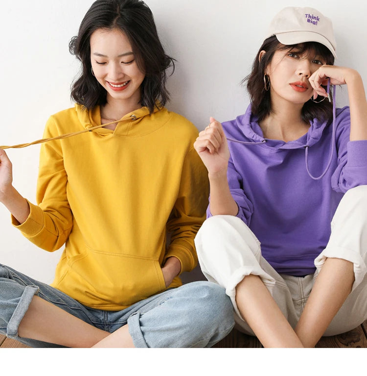 Women Hoodies 100% Cotton Spring Autumn Loose Long Sleeve Pullovers Solid Casual Ladies Outerwear Hooded Hoodie Womens Clothing