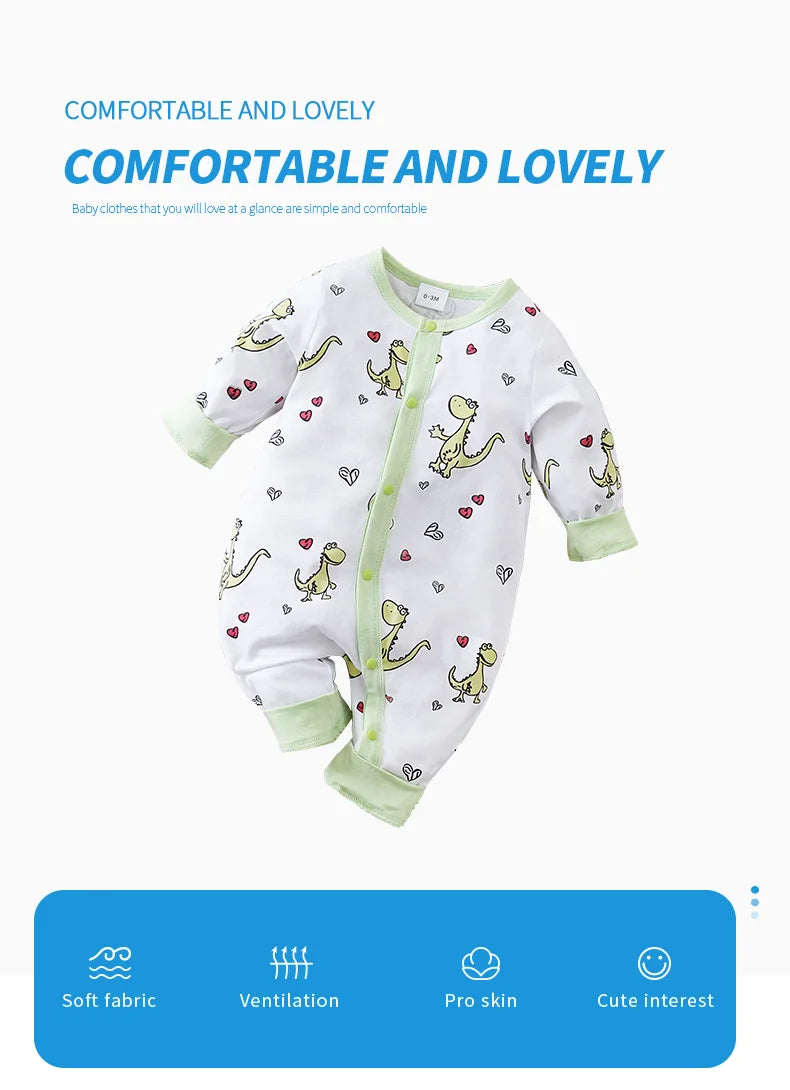 Spring and fall cotton long-sleeved baby clothing green Cartoon dinosaur print 0-18 months baby one-piece  newborn romper