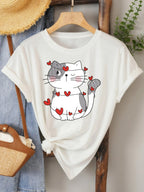 Heart Cat Women's Tee - Cute Graphic, Casual Beige Top