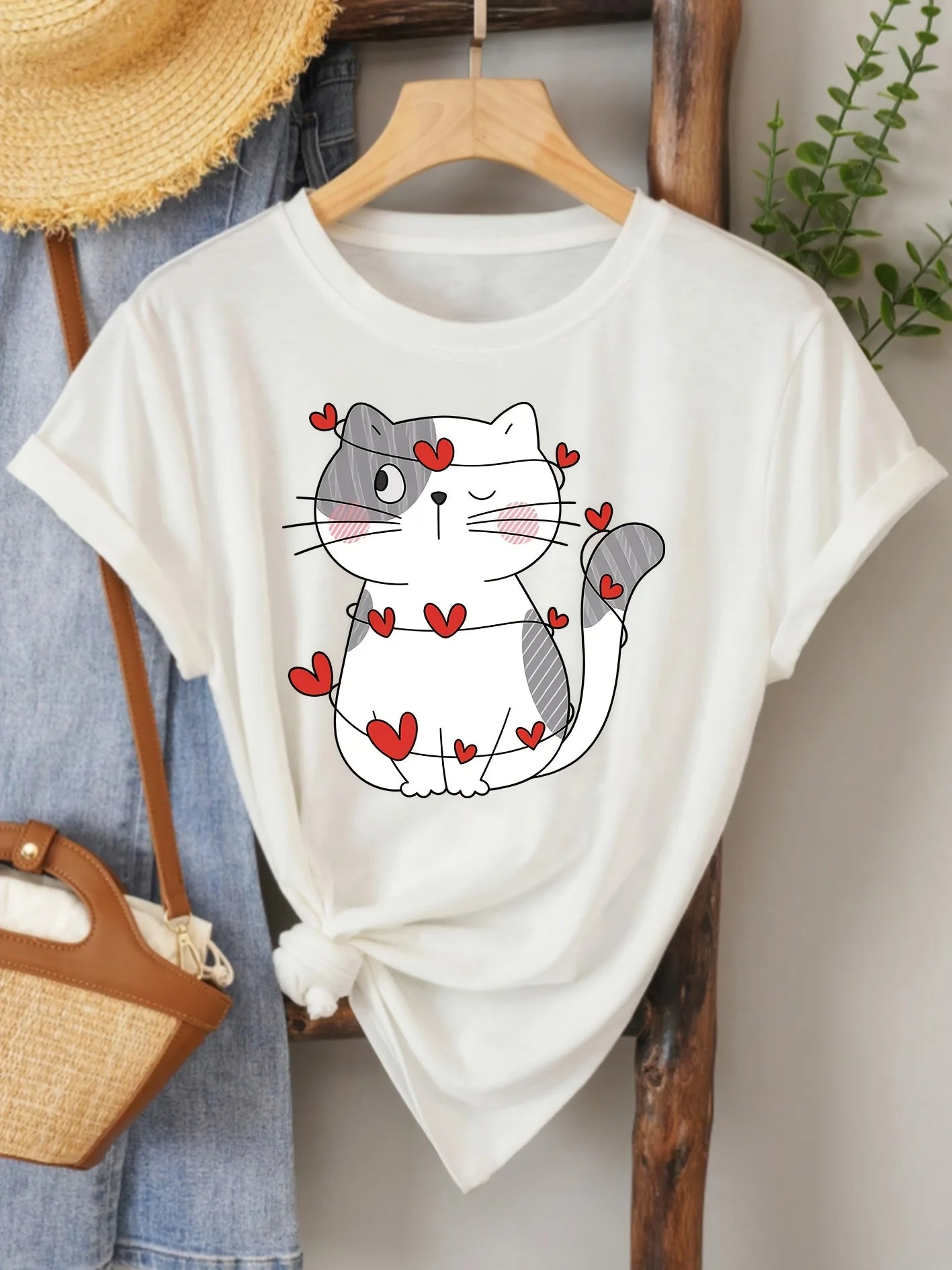 Heart Cat Women's Tee - Cute Graphic, Casual Beige Top