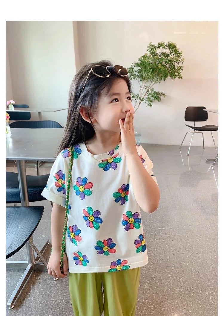 1pcs Summer Kids Flower Print Tops Clothes Girls Korean Style Shirt Children Short Sleeve T-shirts Child Casual Comfort T Shirs